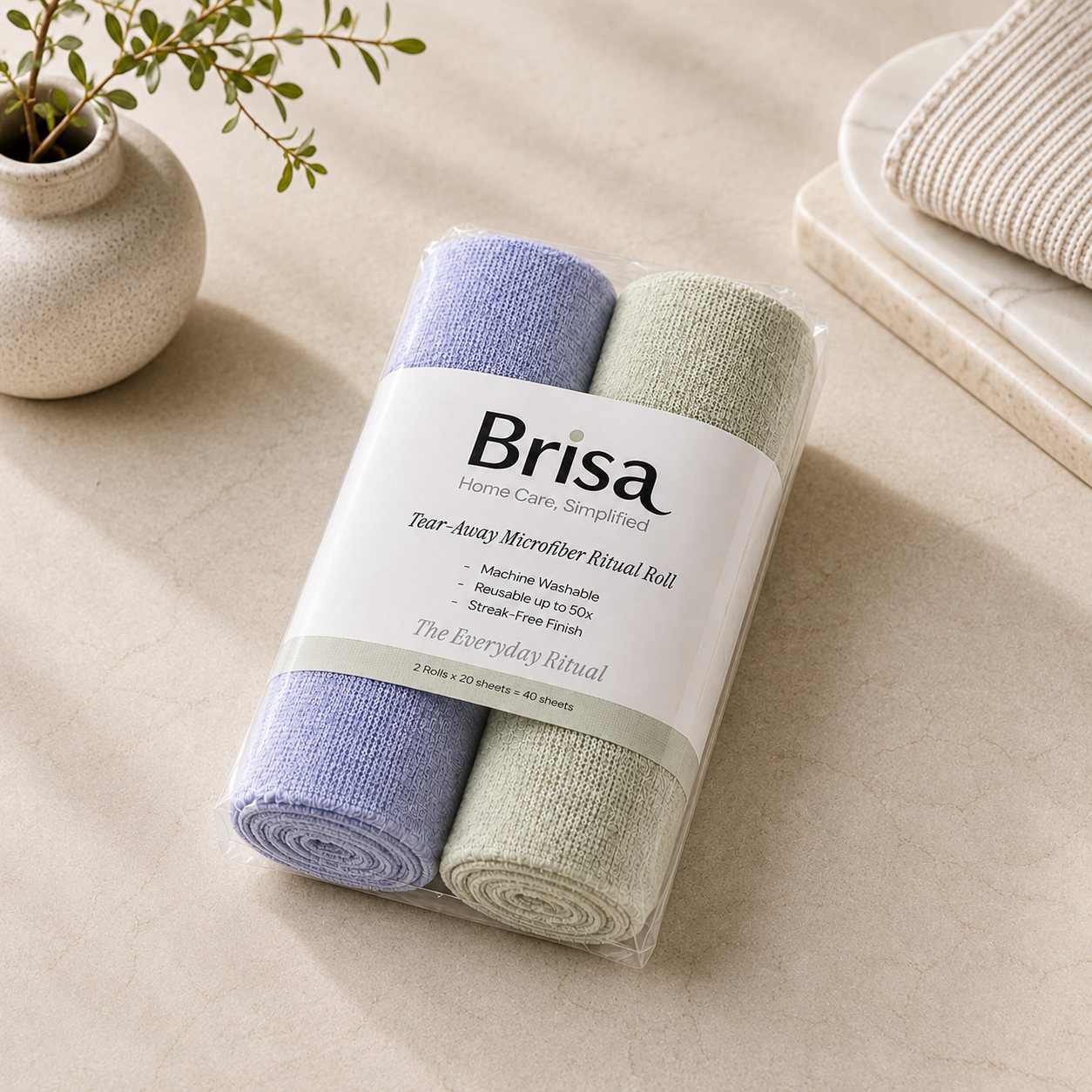 Brisa microfiber rolls on a marble counter