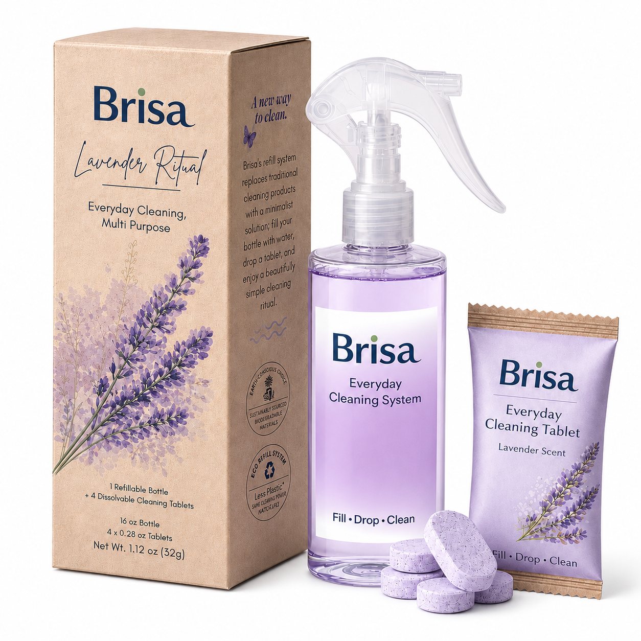 Brisa Everyday Cleaning System, bottle, box and tablets